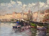 painting of boats in a harbor with buildings in the background