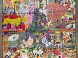 a colorful picture of a city with lots of animals on it