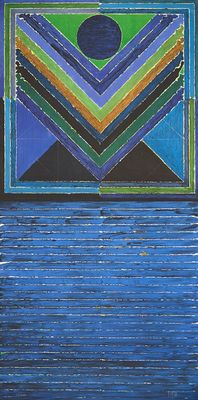peinture abstraite représentant un motif géométrique bleu et vert sur fond noir