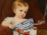 a painting of a little girl in a blue and white dress