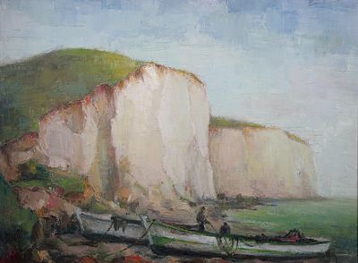 a painting of a boat on the beach near a cliff