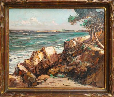 une peinture à l'huile représentant un rivage rocheux sur lequel se dresse un arbre