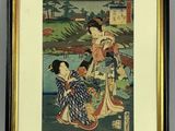 an image of a painting of two women sitting on a bench in front of a lake