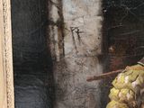 a painting of a man sitting on a bench with a cane