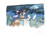 a drawing of a group of animals on a stage