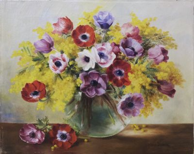 painting of a vase of flowers on a table next to a bunch of yellow and purple flowers