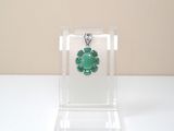 un collier présenté dans une boîte transparente, surmonté d'un pendentif en forme de fleur verte