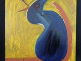 tableau représentant un oiseau bleu au bec rouge sur fond jaune