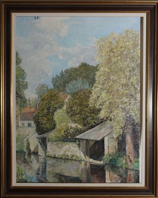 tableau à l'huile encadré représentant un hangar à bateaux au bord d'une rivière, dans un cadre champêtre