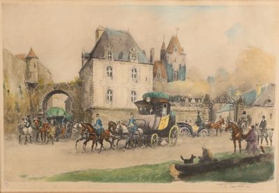 tableau représentant une calèche tirée par des chevaux, avec des personnes à bord, devant un château
