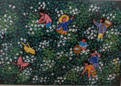 tableau représentant un groupe d'enfants jouant dans un champ de fleurs