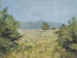 an oil painting of a field with trees in the distance