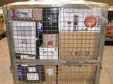 a metal cart with several boxes on it in a warehouse