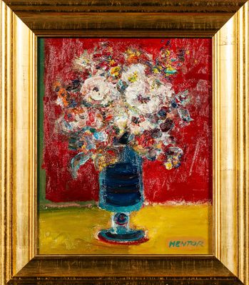 a painting of flowers in a vase on a table