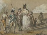 tableau représentant un groupe de personnes debout sur une plage, près d'un bateau
