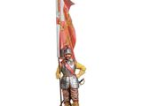 une statue représentant un homme en armure tenant un drapeau, posée sur un socle en bois