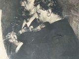 painting of two men sitting at a table looking at a piece of paper