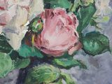 a painting of roses in a vase on a table