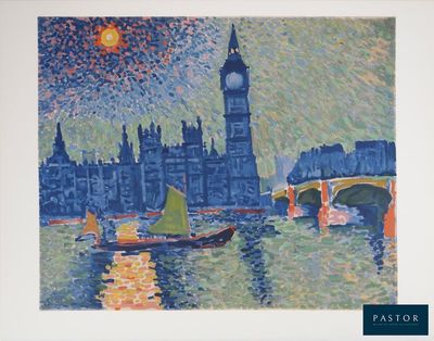 une photo d'un tableau représentant Big Ben et un bateau sur l'eau