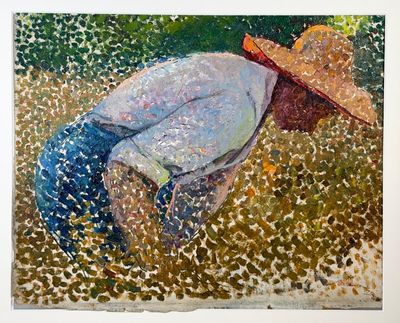 a painting of a man with a straw hat in a field