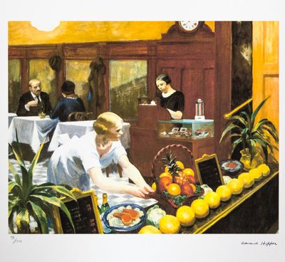 a painting of a woman sitting at a table in a restaurant