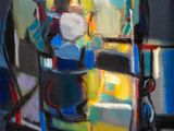 abstract painting of a woman sitting in a chair in a room