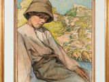 an image of a painting of a woman in a hat sitting on the ground