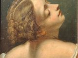 an old painting of a woman with her eyes closed and her eyes closed