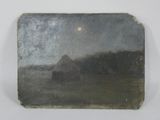 une vieille photo représentant une grange dans un champ, avec la pleine lune dans le ciel