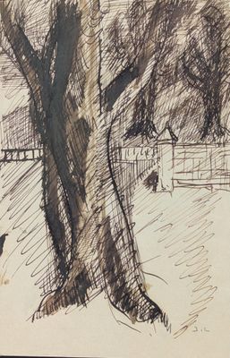 un dessin représentant un arbre dans un parc, à côté d'un banc