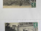 two old black and white photos of horses and jockeys in a park