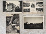 plusieurs vieilles photos en noir et blanc représentant une maison et un panneau
