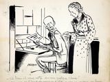 drawing of a man and a woman sitting at a desk in front of a computer