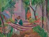 un tableau représentant une femme assise dans un hamac dans un jardin