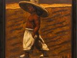 an oil painting of a young boy wearing a hat and white pants
