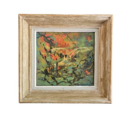 tableau représentant un oiseau dans un arbre, aux tons orange et jaunes