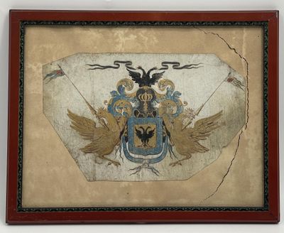 peinture représentant un blason orné de deux oiseaux