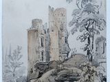 dessin représentant un château sur une colline, avec des arbres au premier plan