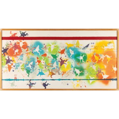 une peinture abstraite représentant un groupe de personnes sur fond blanc