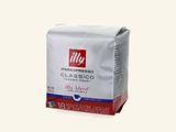the coffee bag is white and has a red label on it