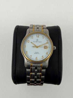 an image of a silver and gold wrist watch on a black watch band