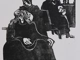 une image représentant un dessin en noir et blanc de deux personnes assises sur un banc