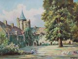 un tableau représentant une femme assise sur un banc devant un château