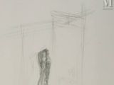 drawing of a woman standing in a room with a curtain