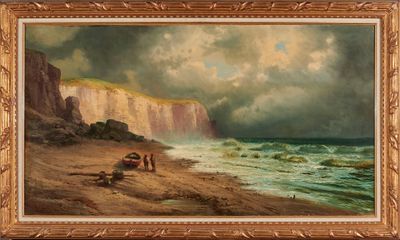 une peinture à l'huile représentant deux personnes sur une plage au bord de la mer