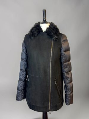 an image of a black jacket with a fur collar on a mannequin
