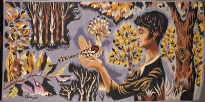 painting of a man holding a bird in his hand in front of a tree