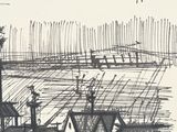 drawing of a view of a town with a clock tower in the distance
