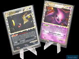 Deux cartes Pokémon sont exposées sur un présentoir devant un fond noir.