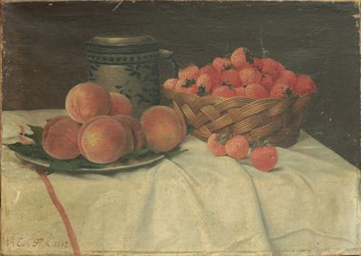 a painting of a basket of strawberries and a bowl of peaches on a table